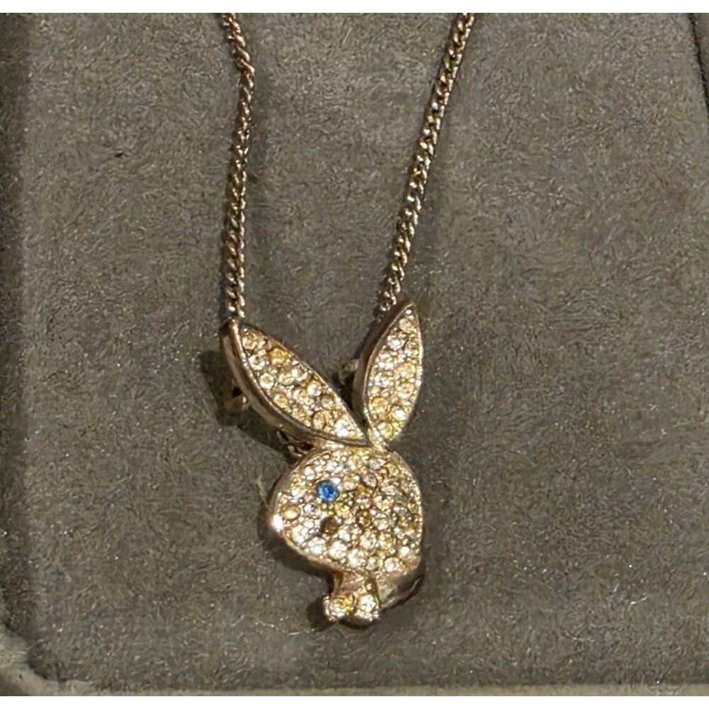 Vintage Playboy Bunny Rhinestone Pendant Necklace Gold Tone Blue Eye Since 1953